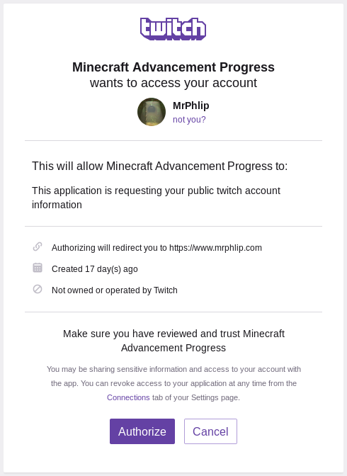 The Twitch application authorisation page